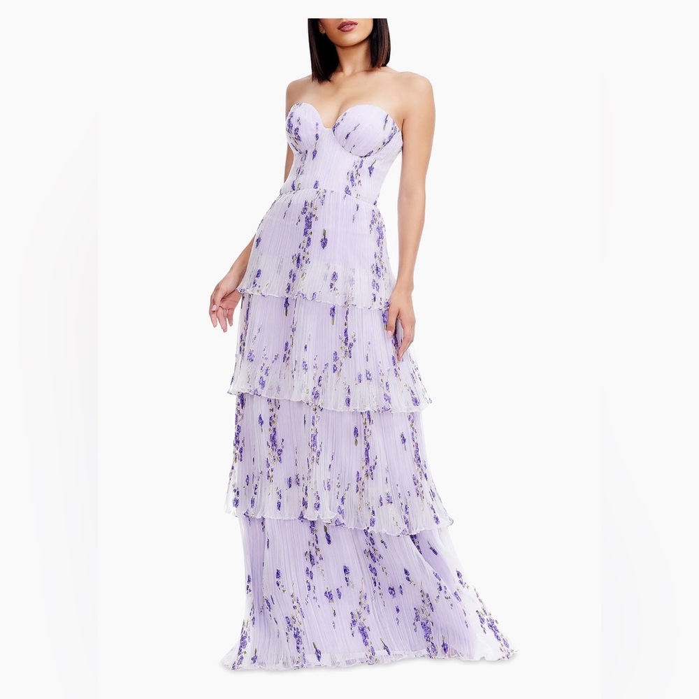 NWOT Dress The Population Layana Lavender Ruffle Floral Tiered Dress, Large